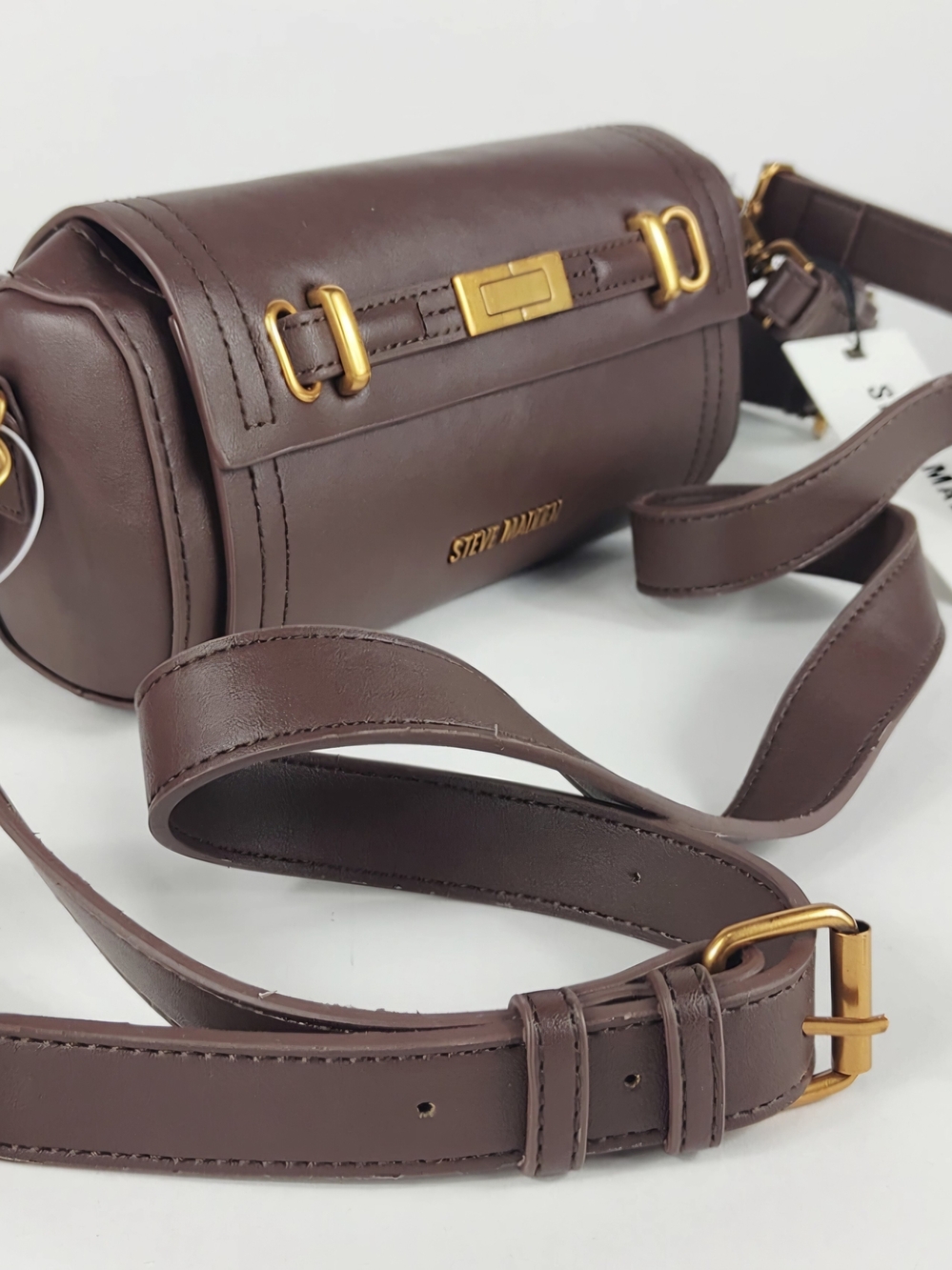 NWT Steve Madden Chocolate Brown Leather Barrel Crossbody with Gold Hardware